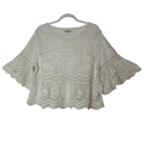 Rebellion Again Tops - Rebellion Again Top Womens Medium Beige Mesh‎ Floral Embroidered Lace Boho Beach